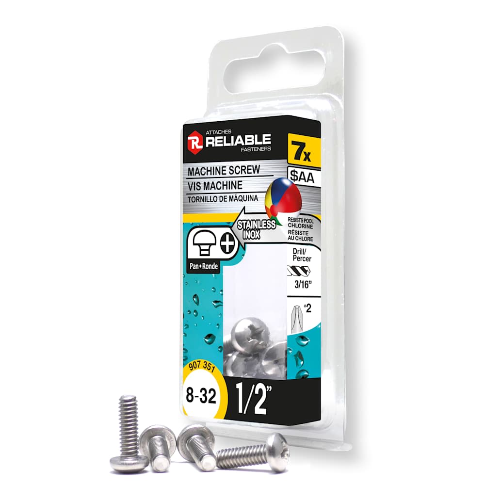 Boulons mécaniques inox 8-32 x 1/2 po T.R. Pqt/7