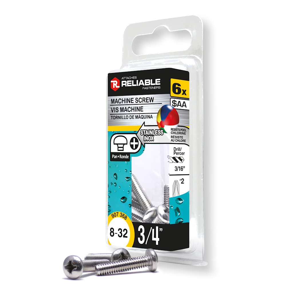 Boulons mécaniques inox 8-32 x 3/4 po T.R. Pqt/6
