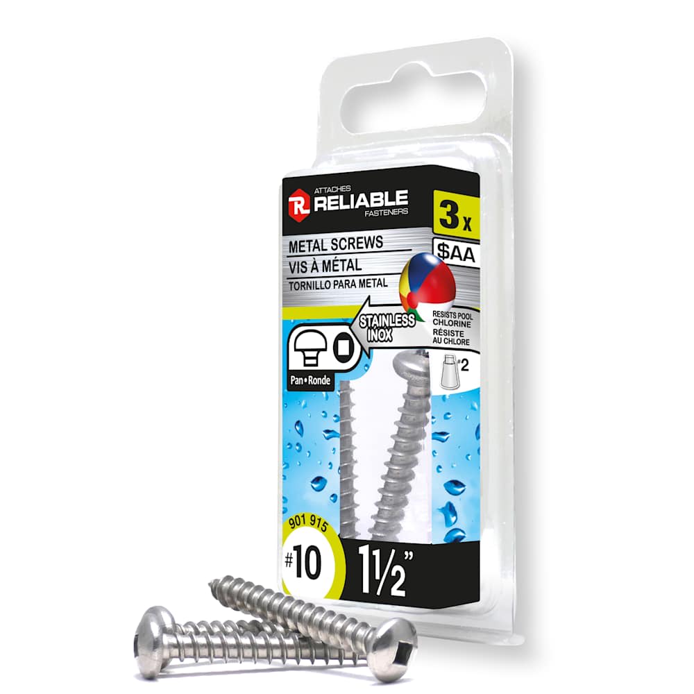 Stainless Steel Metal Screws 1 1/2 in. n° 10 Pkg/3