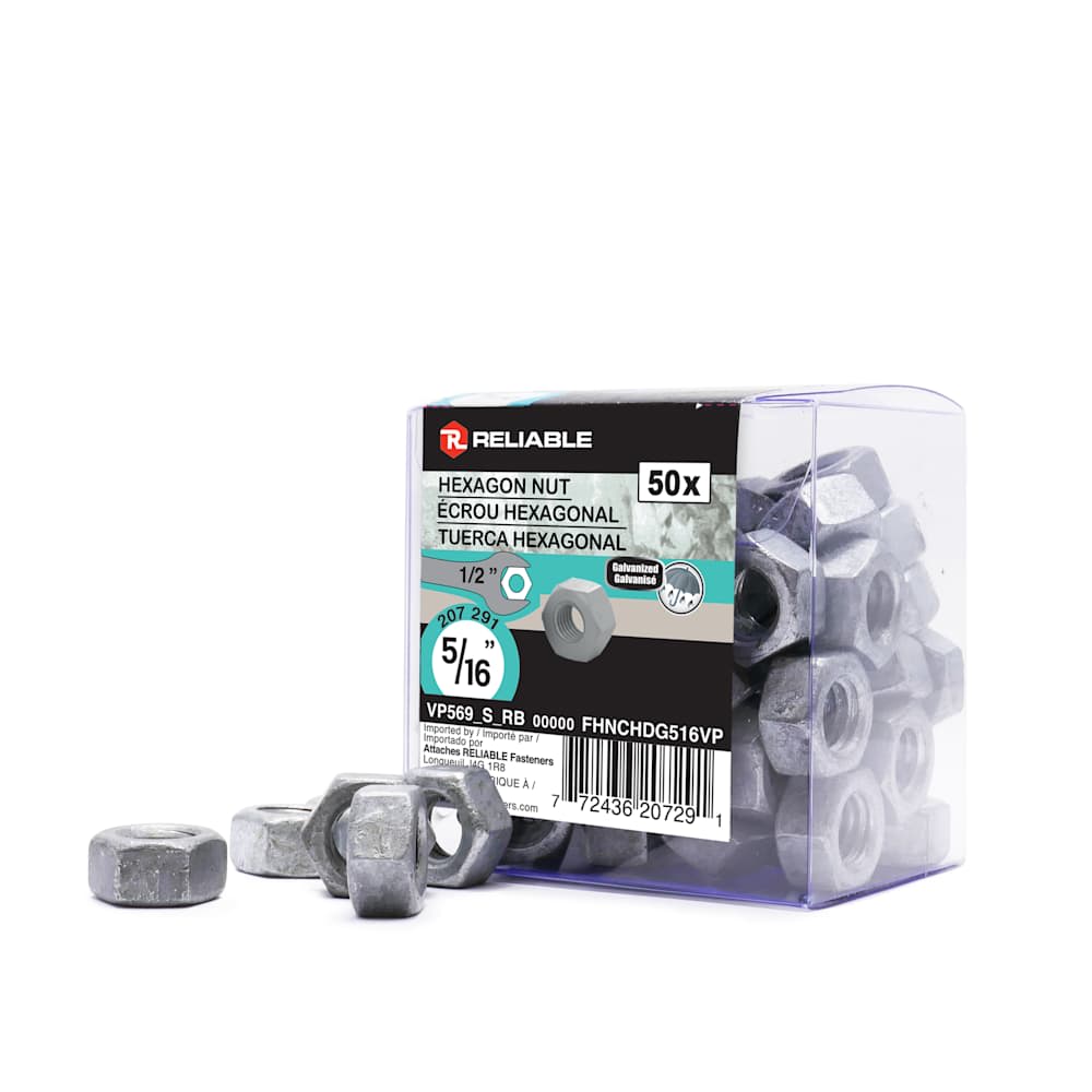 Écrous hexagonaux galvanisés 5/16&nbsp;po Pqt/50