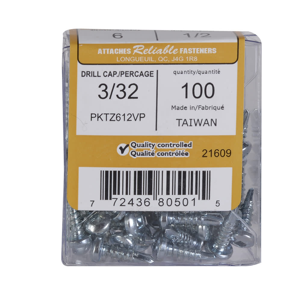 Vis à métal autoperceuse 1/2 po n° 6 T.R. Pqt/100