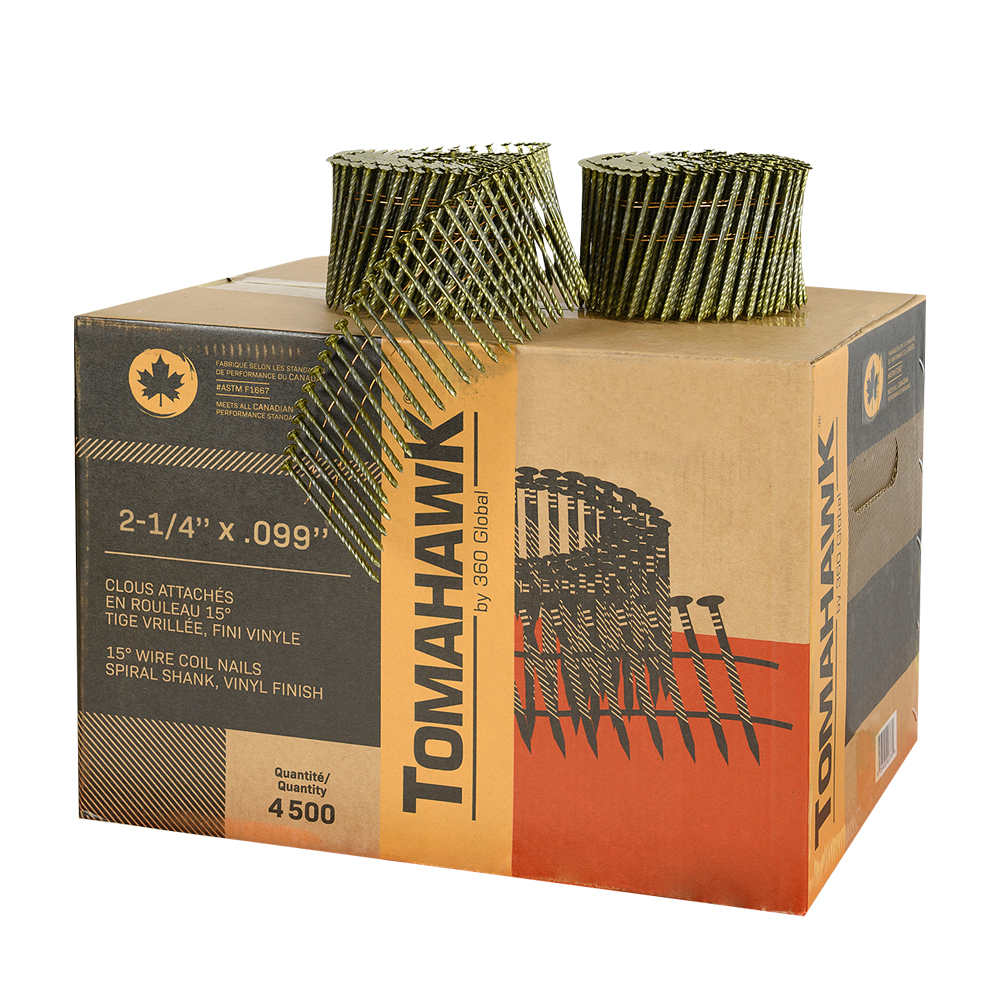 Clous à charpente vrillés 2 1/4 po en rouleau 15° Pqt/4 500