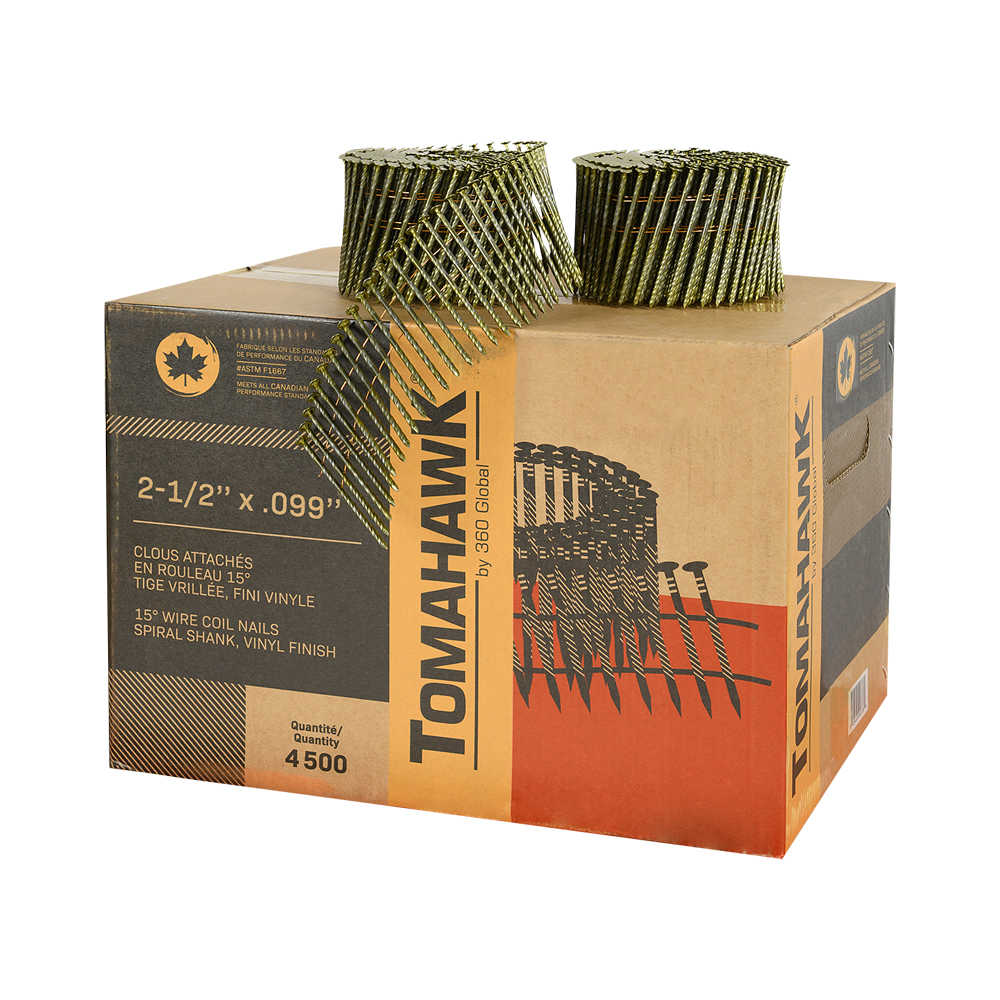 Clous à charpente vrillés 2 1/2 po en rouleau 15° Pqt/4 500