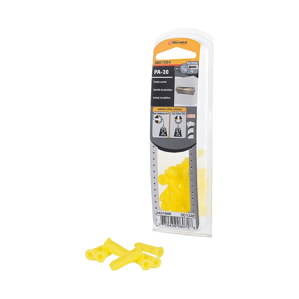 Chevilles de plastique n° 6, 3/16 po Pqt/20