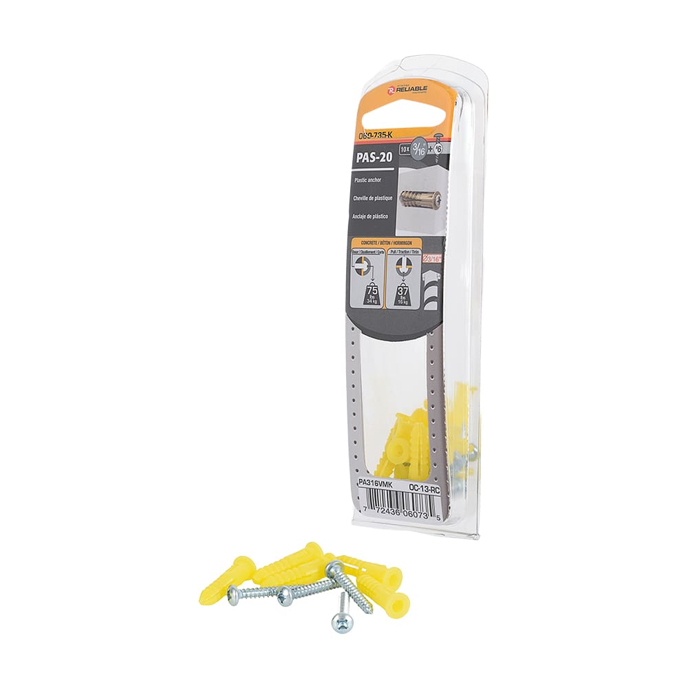 Chevilles de plastique n° 6, 3/16 po Pqt/10
