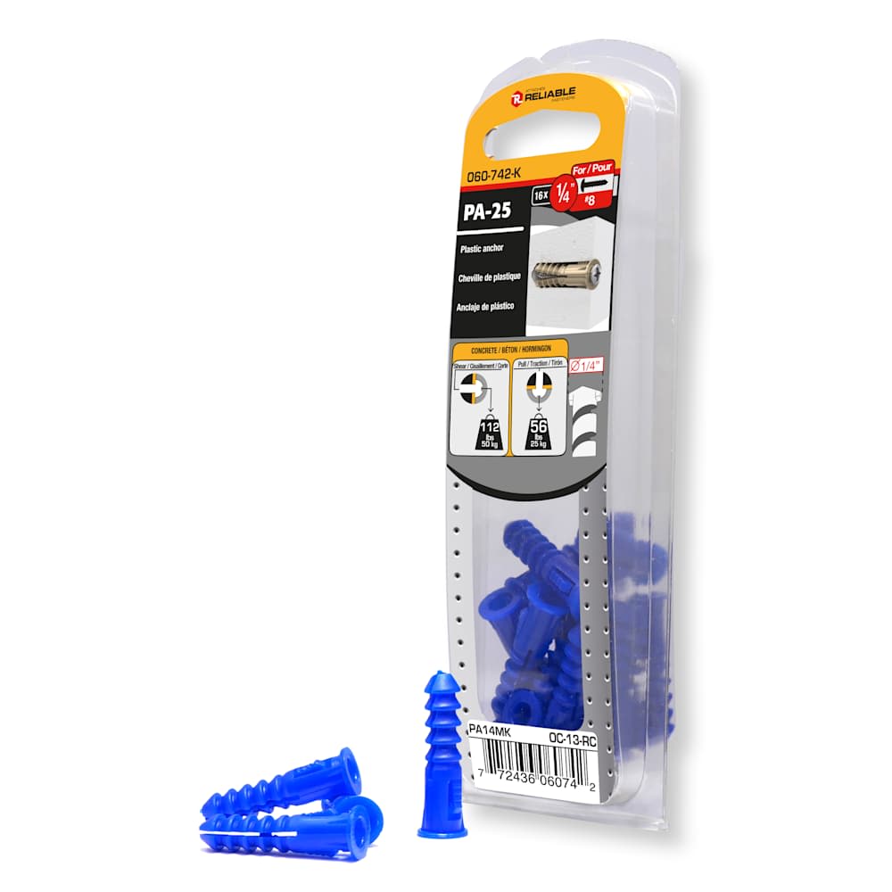 Chevilles de plastique n° 8, 1/4 po Pqt/16