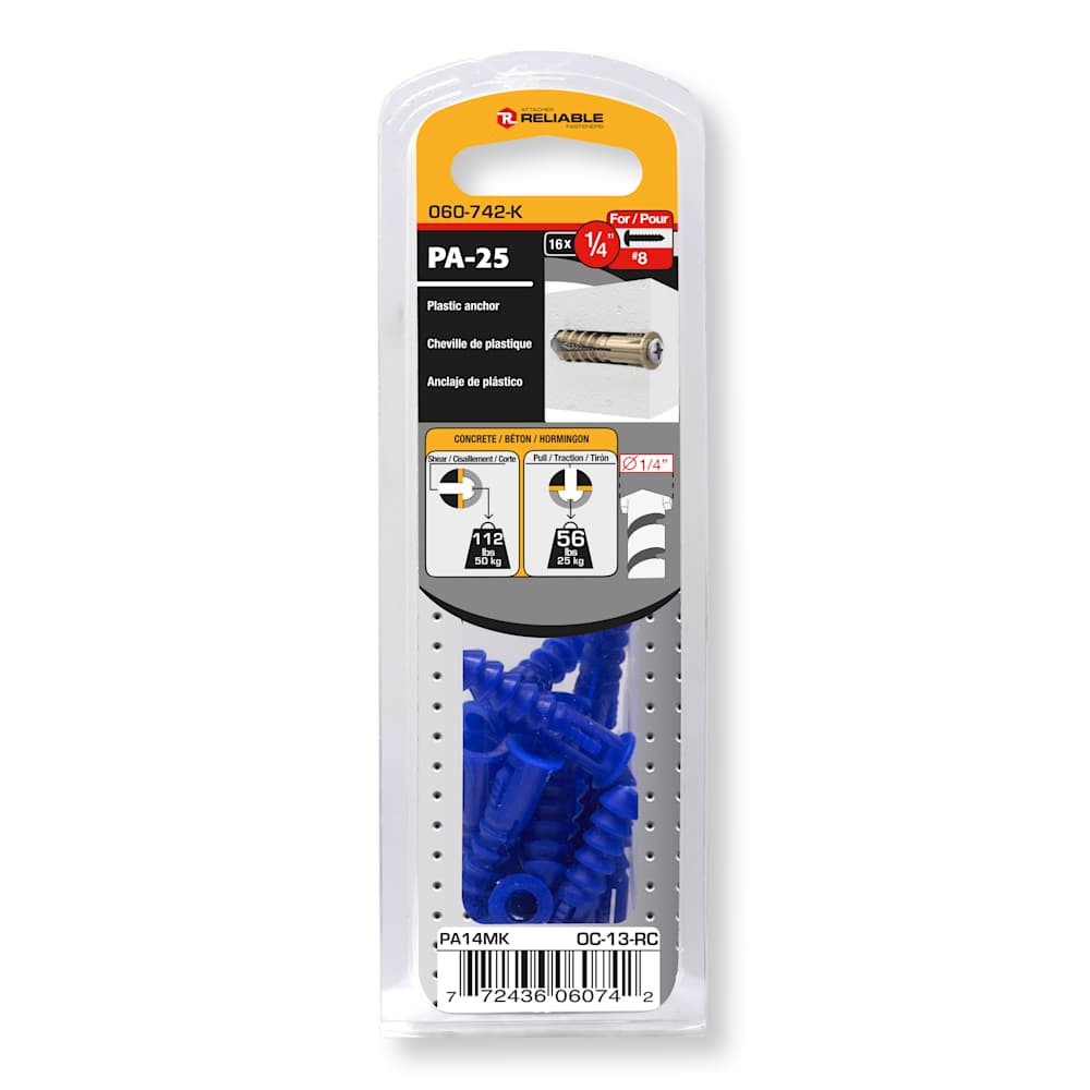 Chevilles de plastique n° 8, 1/4 po Pqt/16