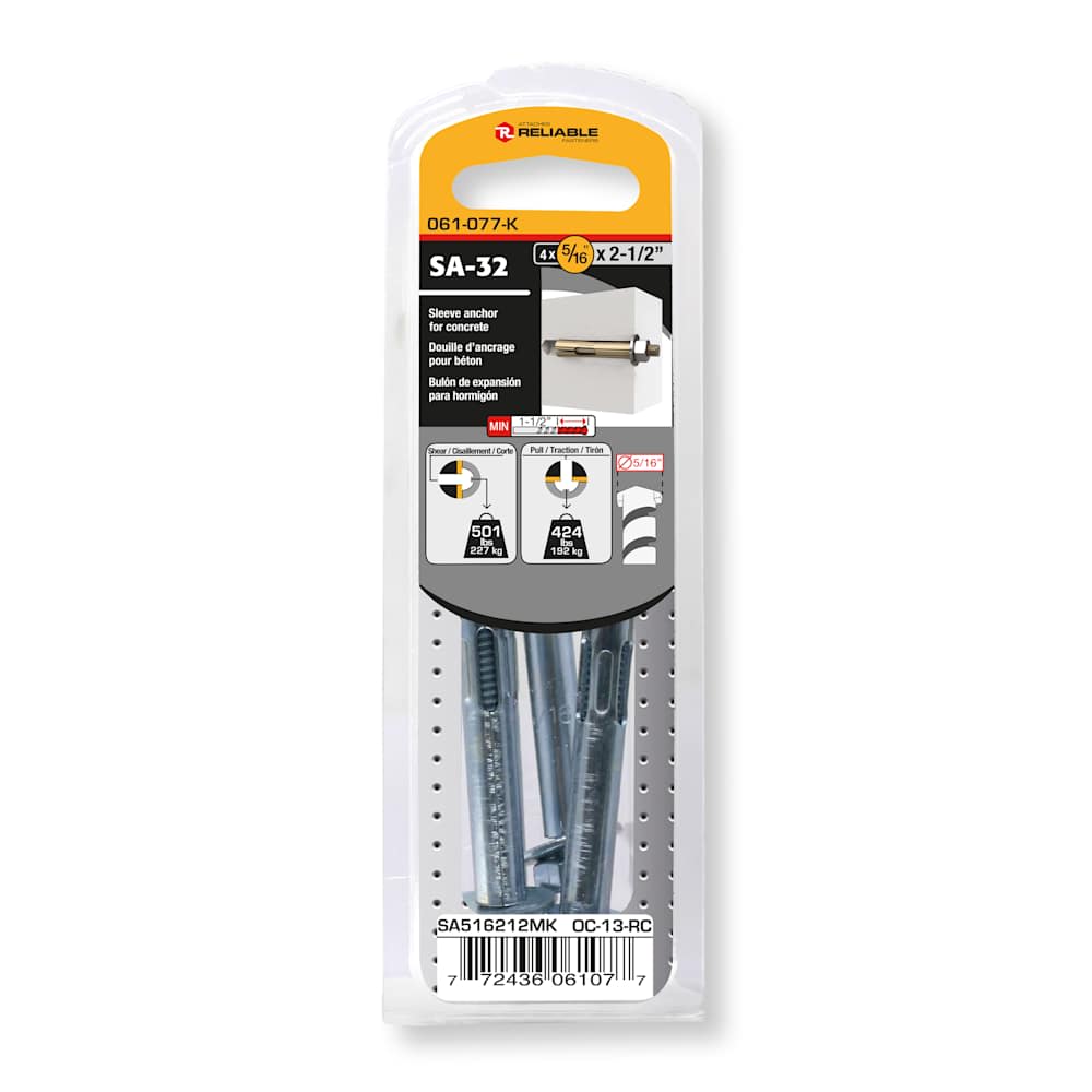 Douilles d'ancrage pour béton 5/16 po x 2 1/2 po Pqt/4