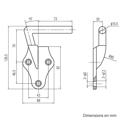 Crochet à ridelle 3 po droit