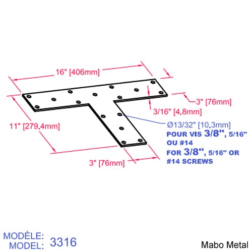 Plaque de renfort en T de poutre (n° 3316) 16 po x 11 po x 3/16 po