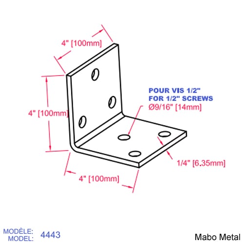 Équerre de poutre (n° 4443) 4 po x 4 po x 4 po x 1/4 po