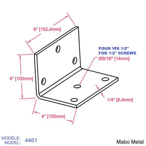 Équerre de poutre (n° 4461) 6 po x 4 po x 4 po x 1/4 po