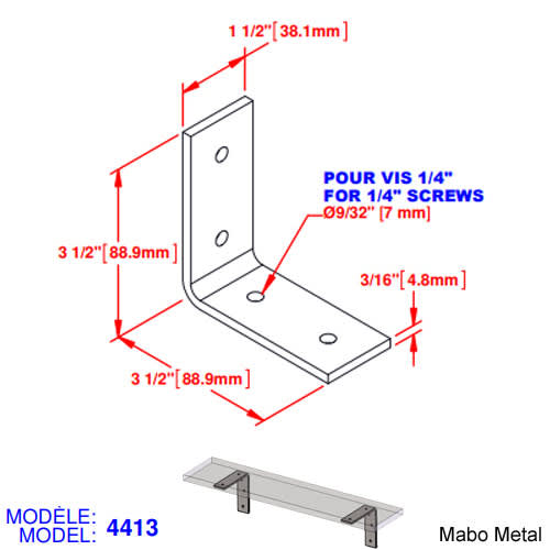 Support de tablettes n° 4413 3 1/2 po x 3 1/2 po x 1 1/2 po x 3/16 po