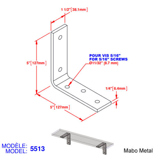 Support de tablettes (n° 5513) 5 po x 5&nbsp;po&nbsp;x 1 1/2 po x 1/4 po