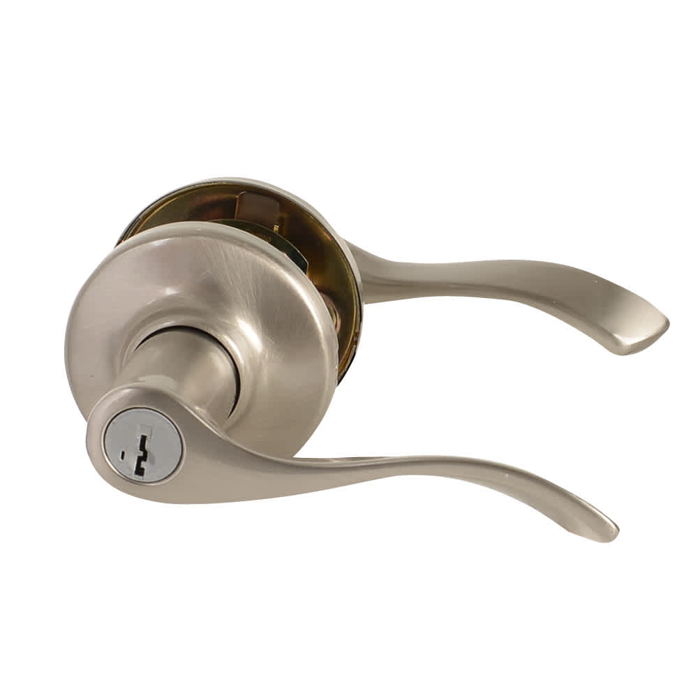 Poignée de porte d'entrée à clé bec-de-cane Belmont nickel satiné