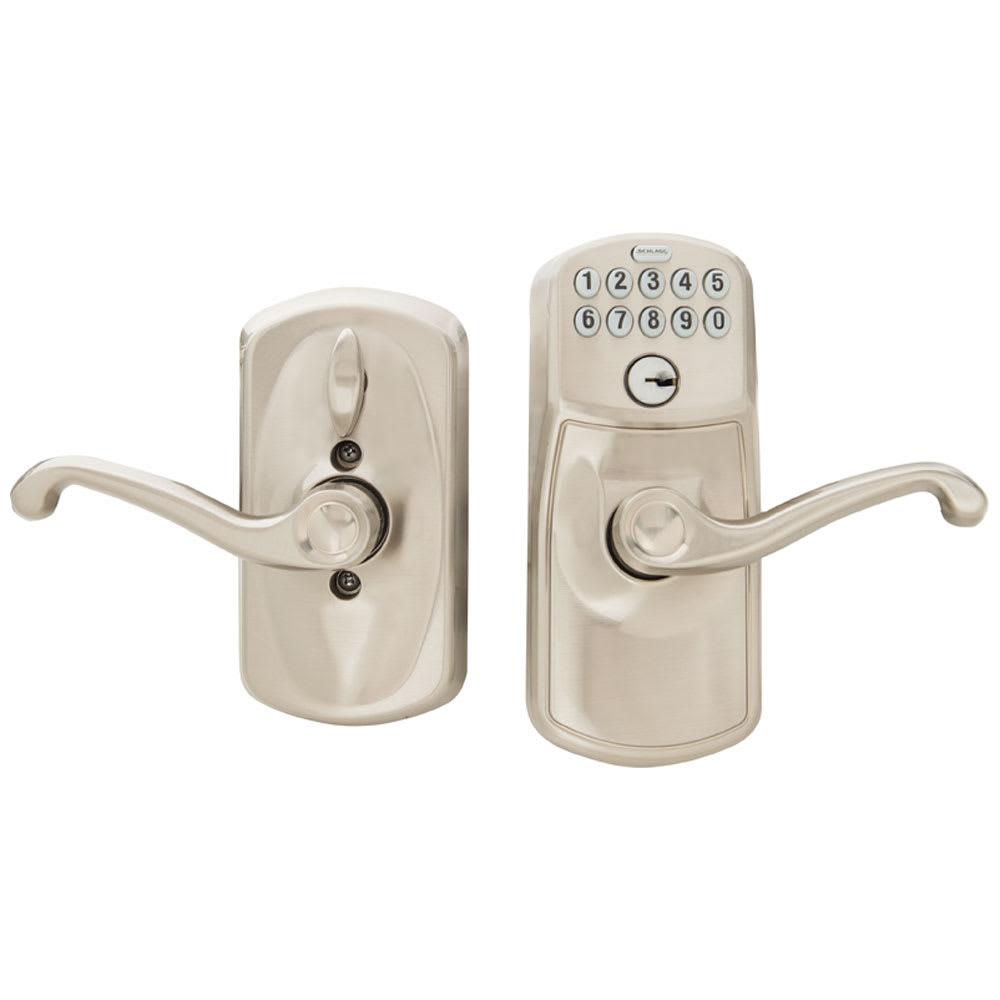 Serrure de porte d’entrée électronique à clavier numérique et poignée bec-de-cane Plymouth nickel satiné