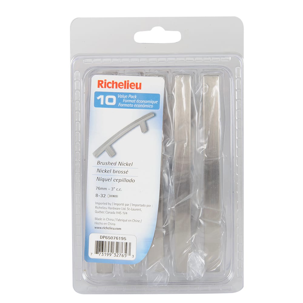 Poignées d'armoires en métal Padova nickel brossé 76 mm&nbsp;c/c Pqt/10