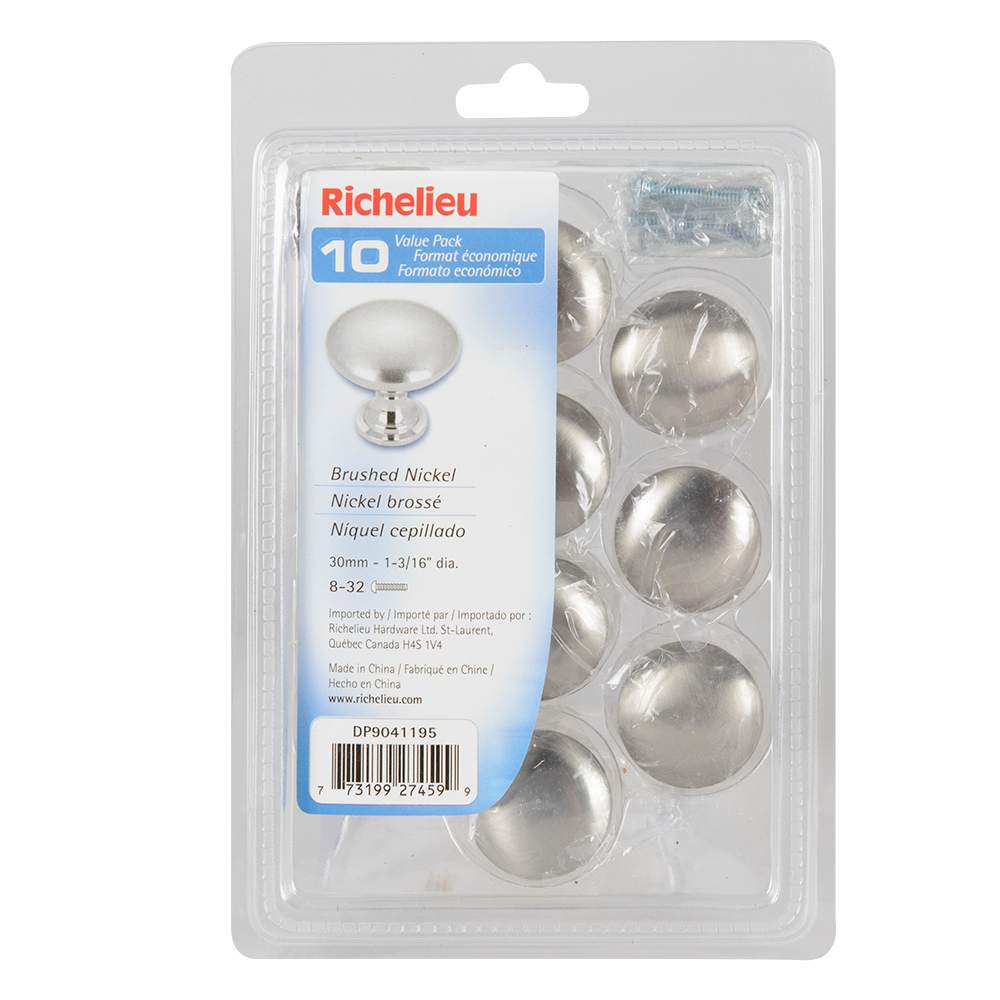 Boutons d'armoires en métal Copperfield nickel brossé 30&nbsp;mm Pqt/10