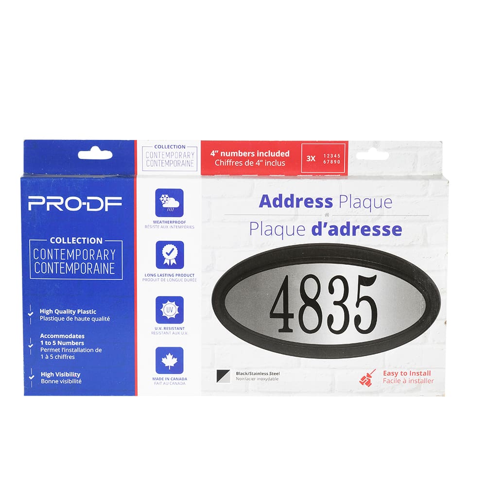 Plaque d'adresse Contemporaine ovale noire et acier inoxydable