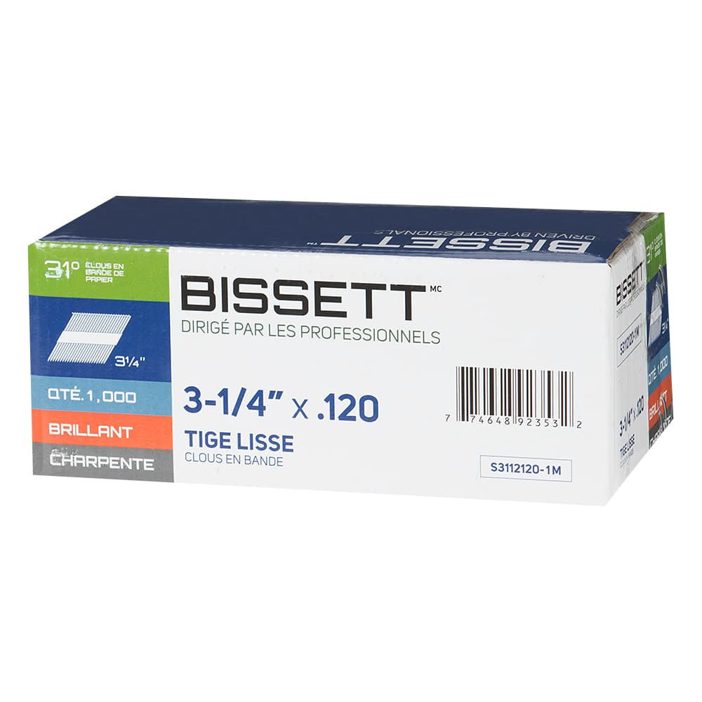 Clous à charpente brillant en bande 3&nbsp;1/4&nbsp;po 31° Pqt/1&nbsp;000