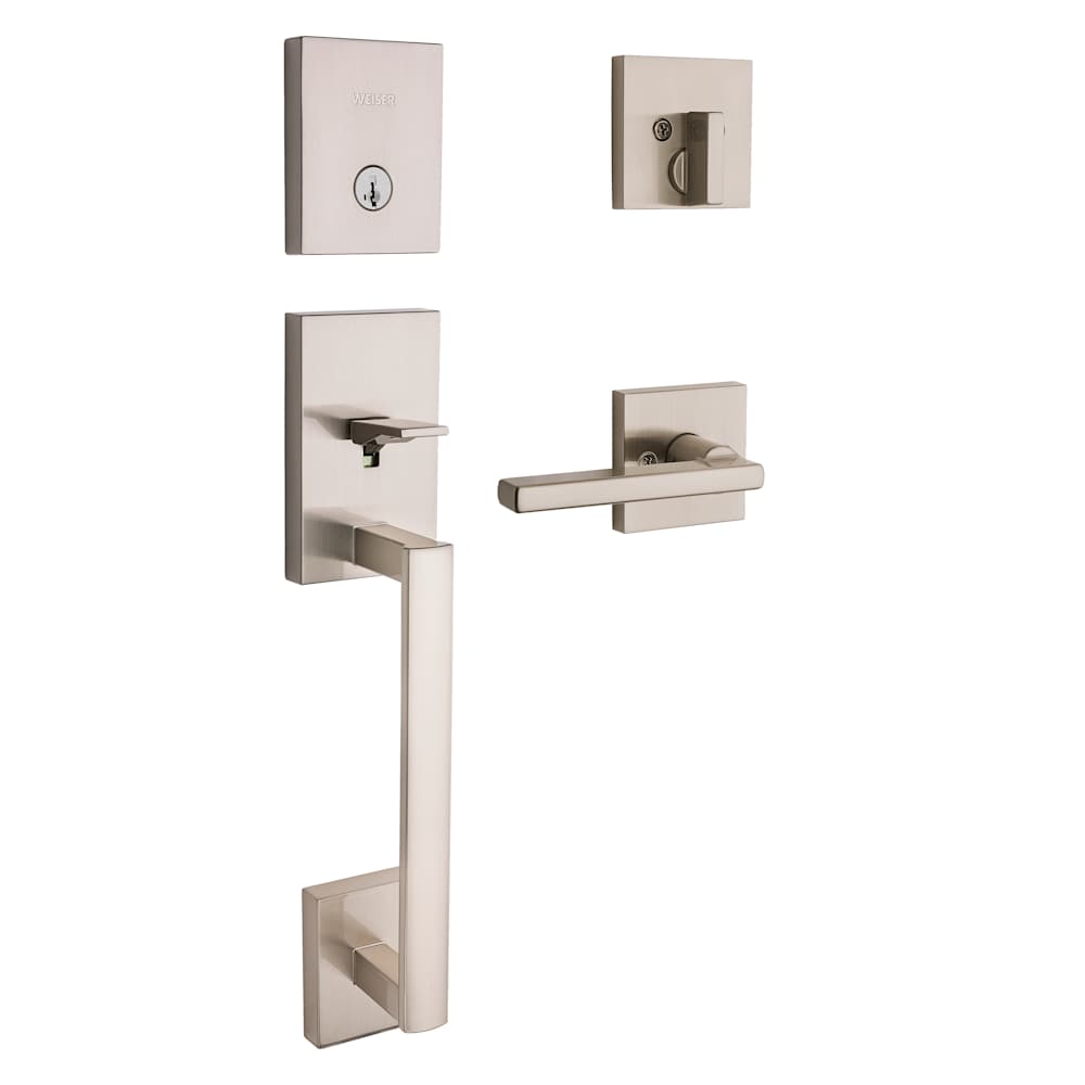 Serrure de porte d'entrée à clé et poignée San Clemente nickel satiné