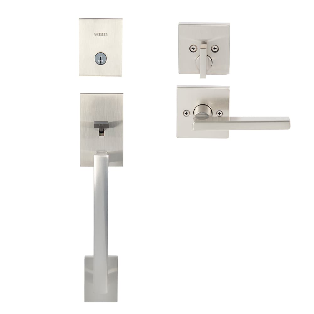 Serrure de porte d'entrée à clé et poignée San Clemente nickel satiné