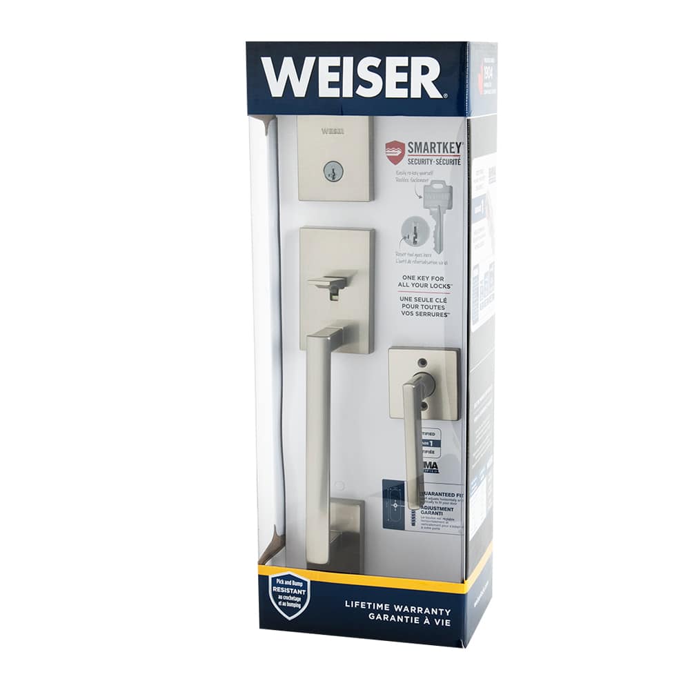 Serrure de porte d'entrée à clé et poignée San Clemente nickel satiné