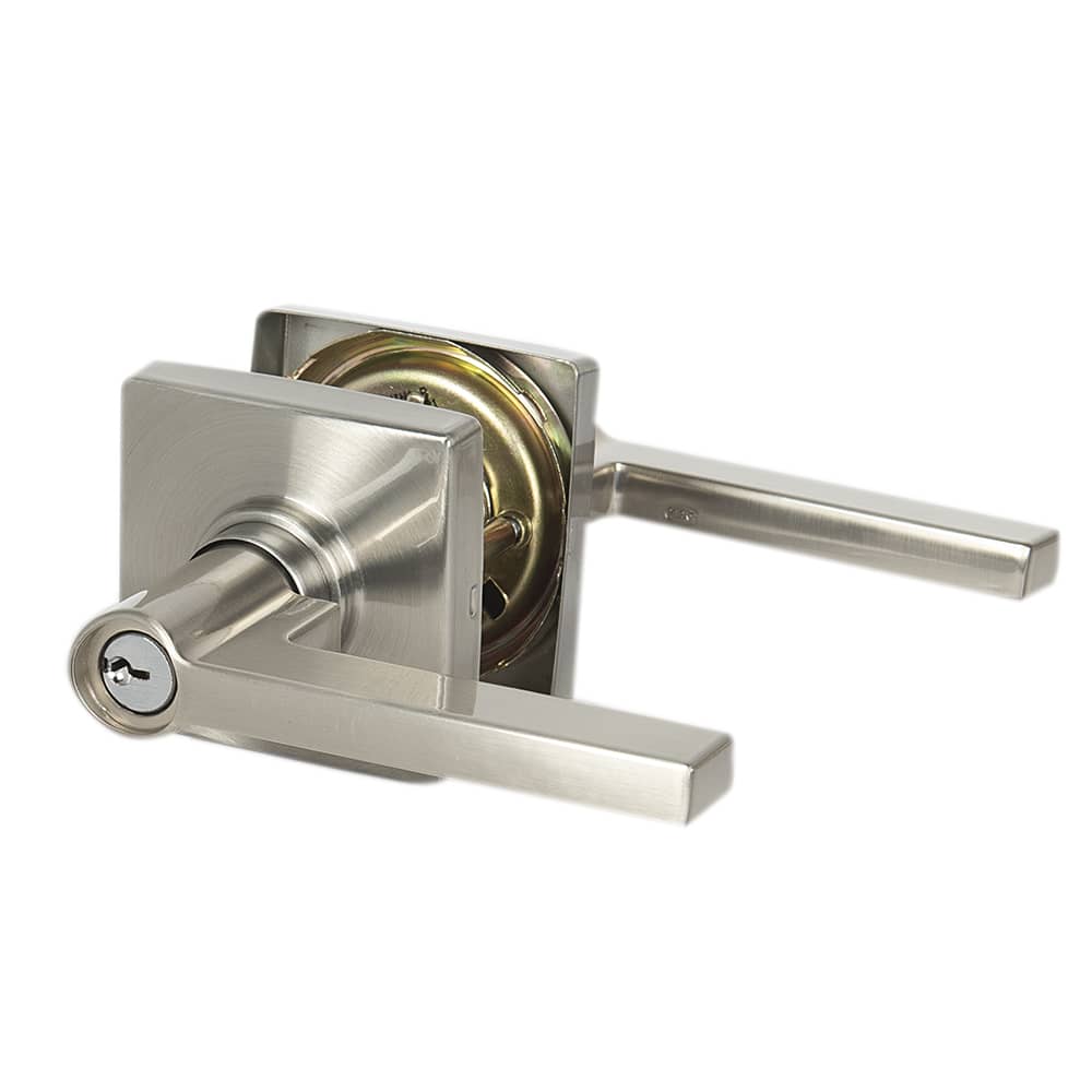 Poignée de porte d'entrée à clé bec-de-cane  Solstice Collins nickel satiné