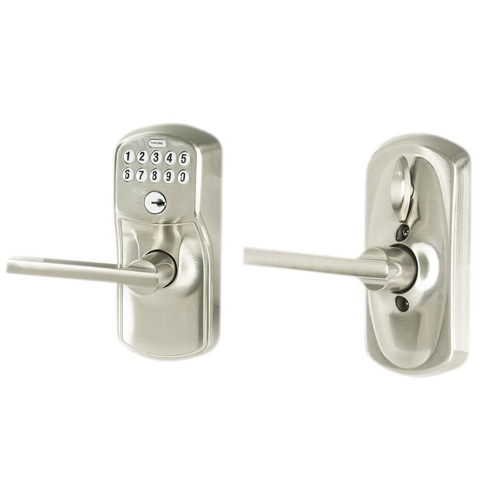 Serrure de porte d’entrée électronique à clavier numérique et poignée bec-de-cane Plymouth nickel satiné