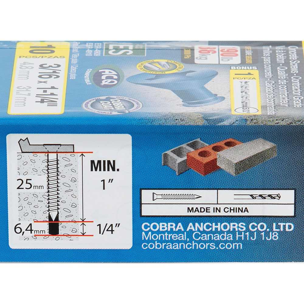 3/16&nbsp;in.&nbsp;x&nbsp;1&nbsp;3/4 in. F.H. Concrete Screws Pkg/100