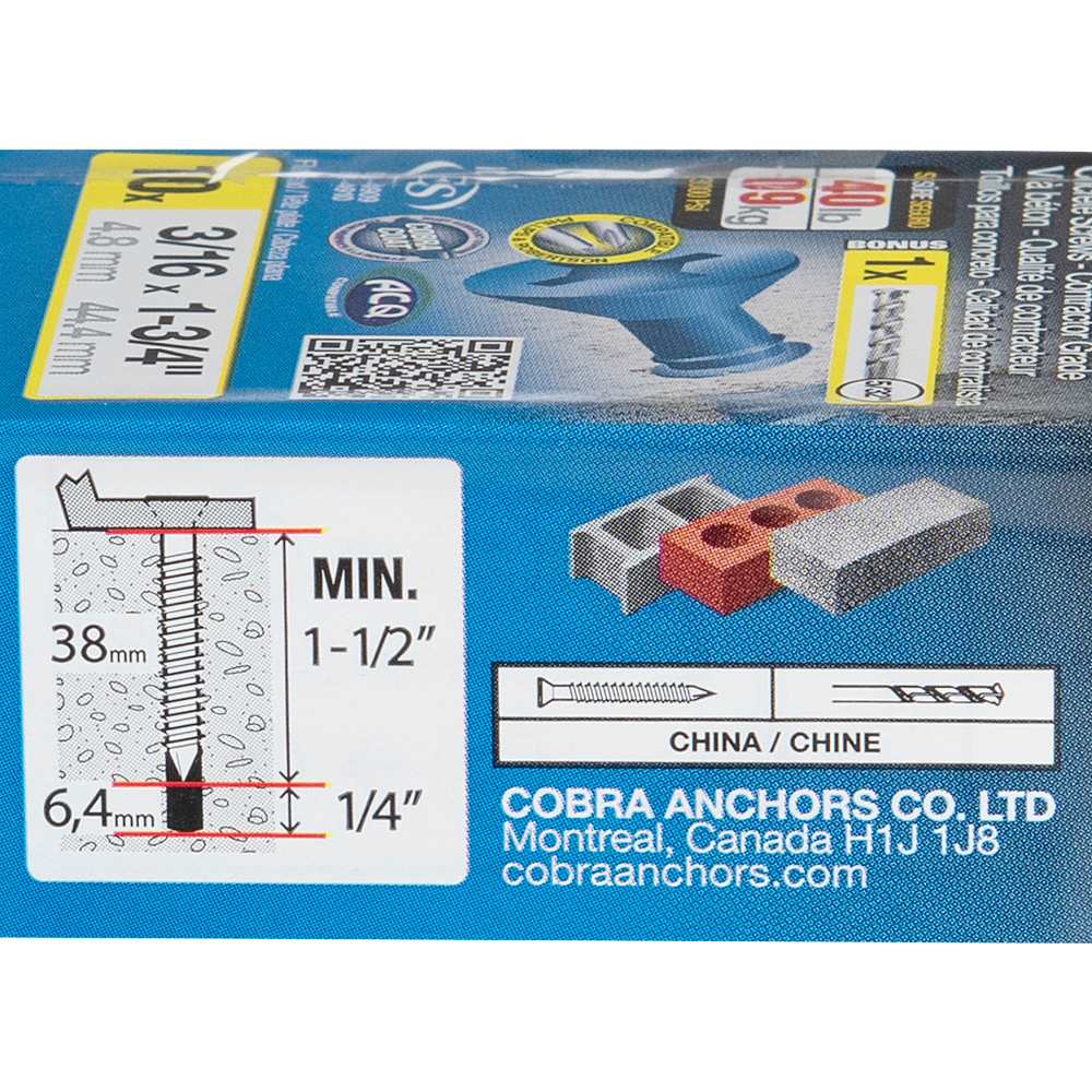 3/16&nbsp;in.&nbsp;x&nbsp;1&nbsp;3/4 in. F.H. Concrete Screws Pkg/10