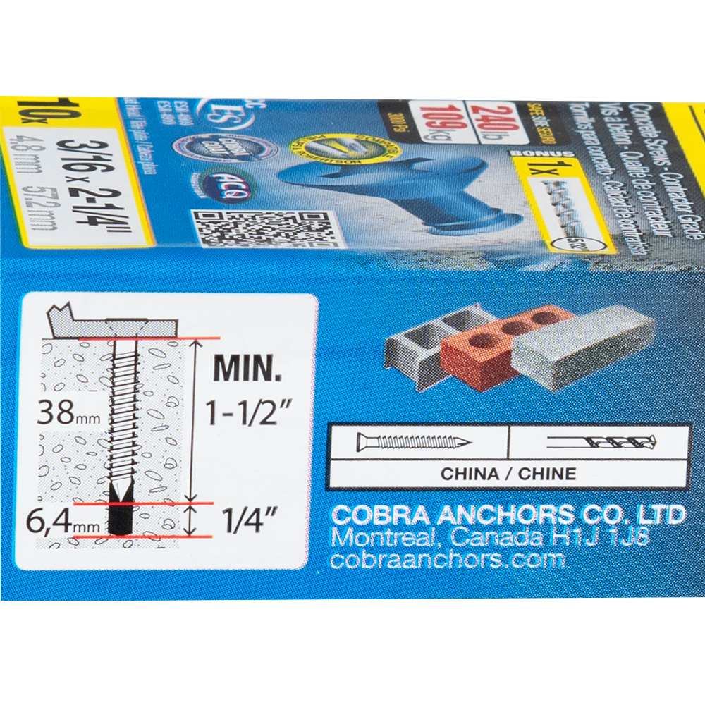 3/16&nbsp;in.&nbsp;x&nbsp;2&nbsp;1/4 in. F.H. Concrete Screws Pkg/10