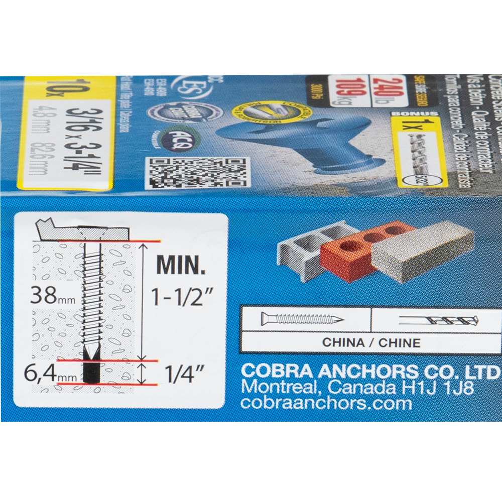 3/16&nbsp;in.&nbsp;x&nbsp;3&nbsp;1/4 in. F.H. Concrete Screws Pkg/10