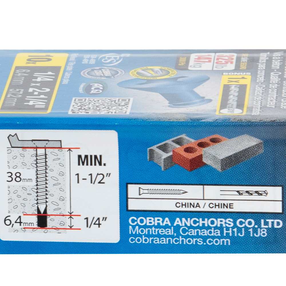 1/4&nbsp;in.&nbsp;x&nbsp;2&nbsp;1/4 in. F.H. Concrete Screws Pkg/10