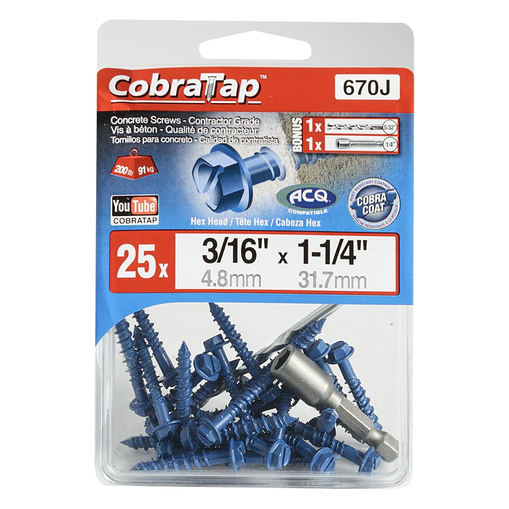 Vis à béton 3/16&nbsp;po&nbsp;x&nbsp;1&nbsp;1/4&nbsp;po T.H. Pqt/25