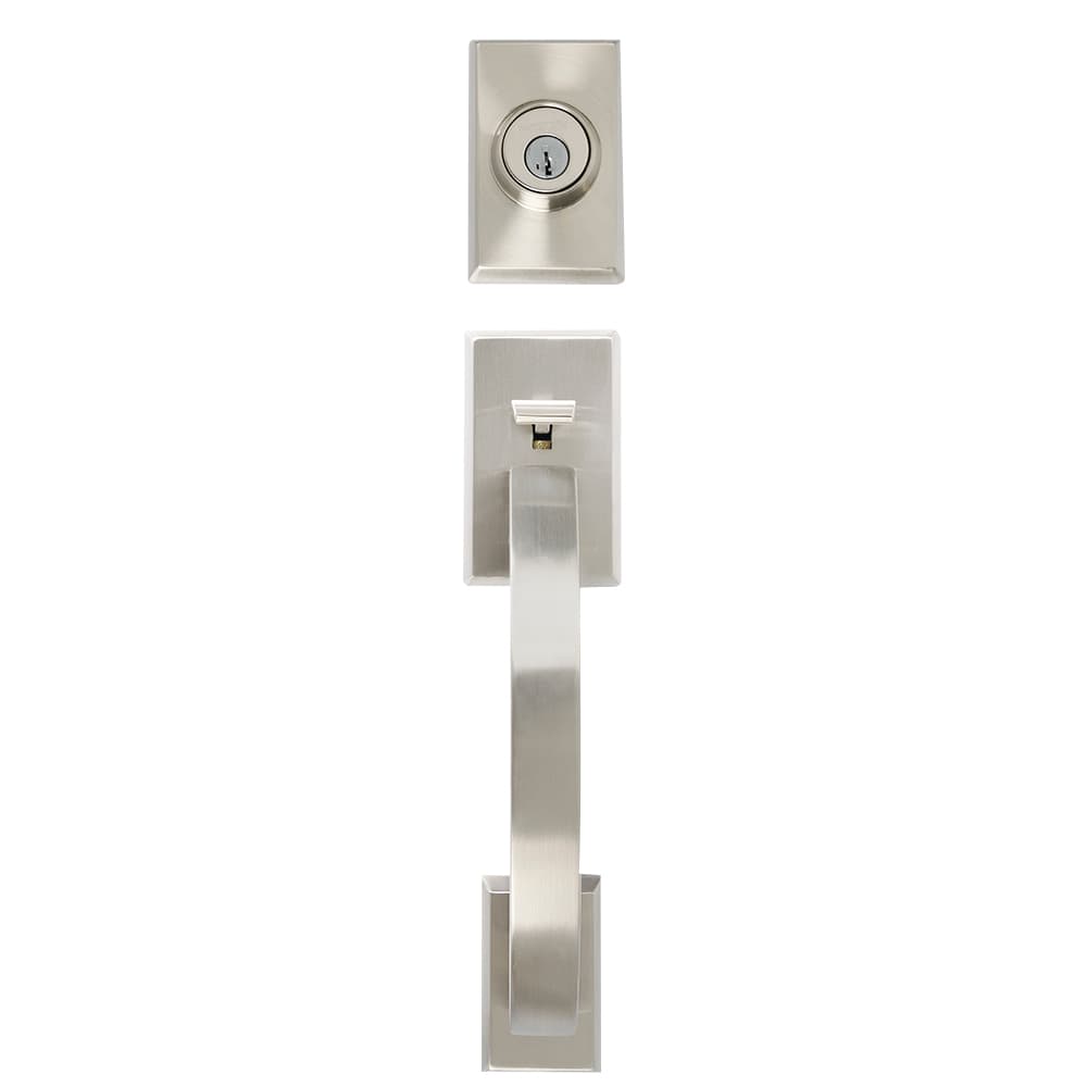 Serrure de porte d'entrée à clé et poignée Tavaris nickel satiné