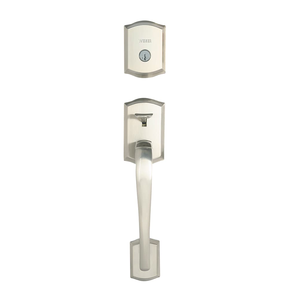 Serrure de porte d'entrée à clé et poignée Prescott nickel satiné