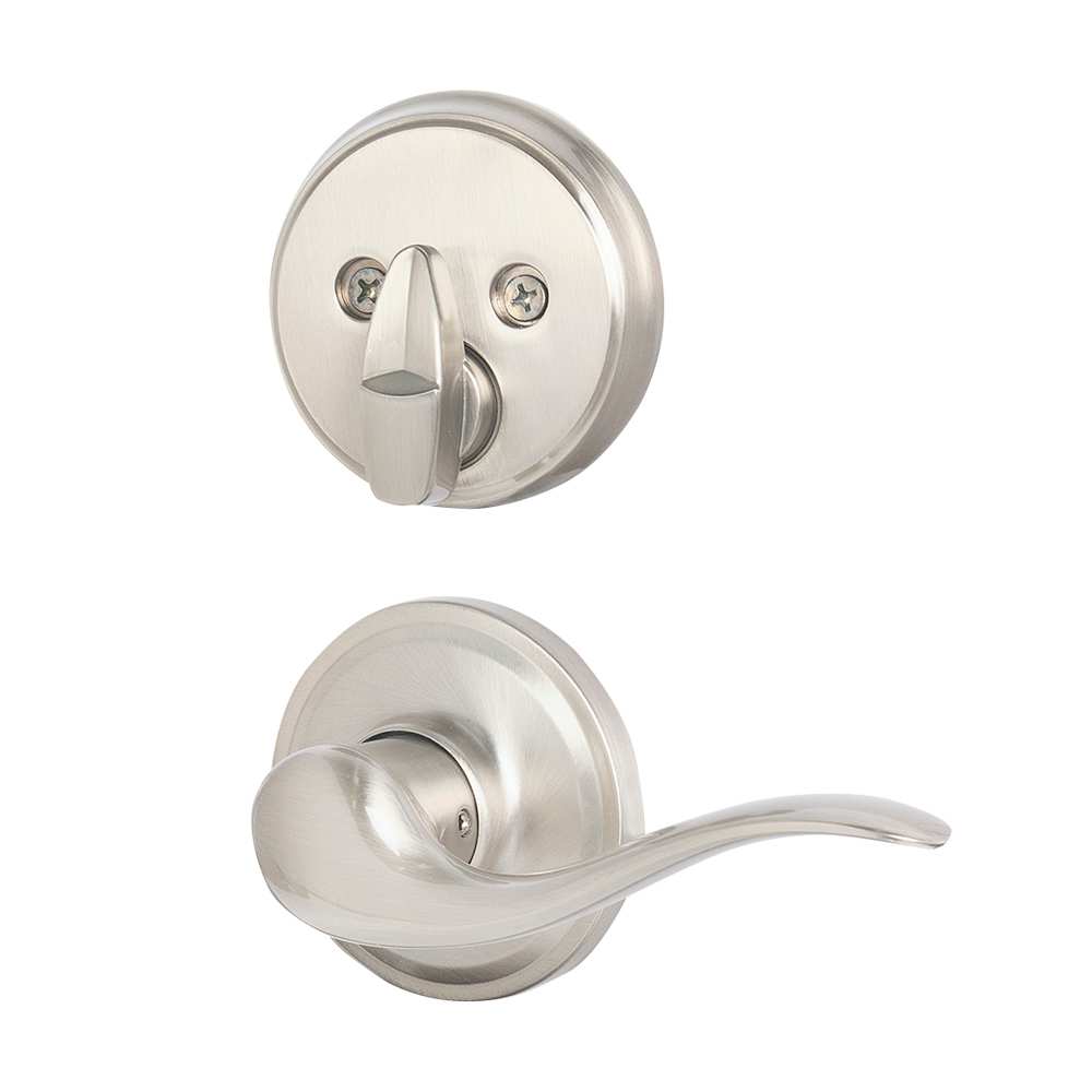 Serrure de porte d'entrée à clé et poignée Prescott nickel satiné
