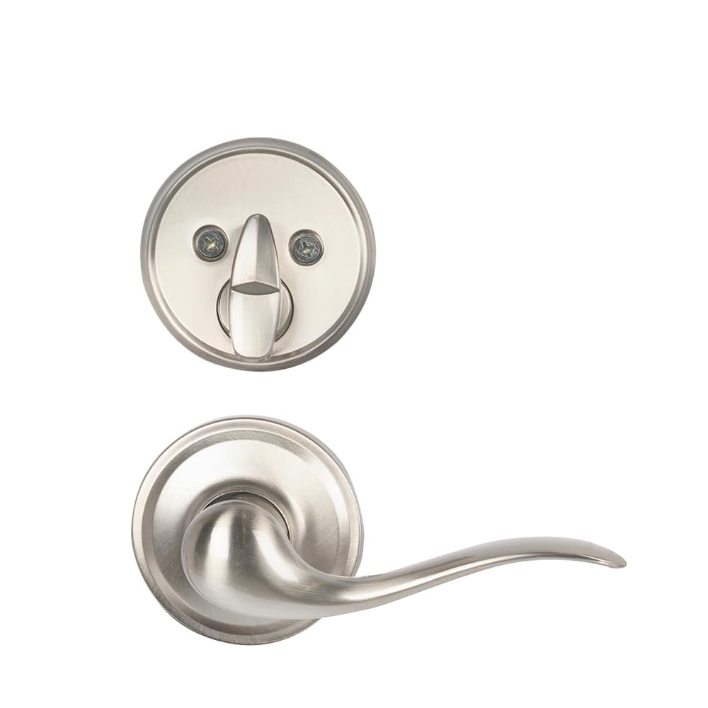 Serrure de porte d'entrée à clé et poignée Prescott nickel satiné