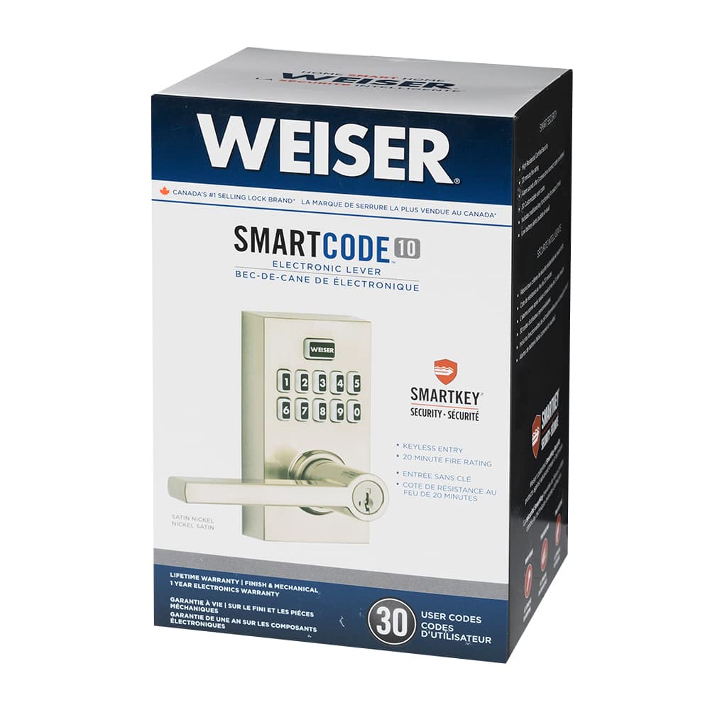 Serrure de porte d’entrée électronique à clavier numérique et poignée bec-de-cane Smartcode&nbsp;10 nickel satiné