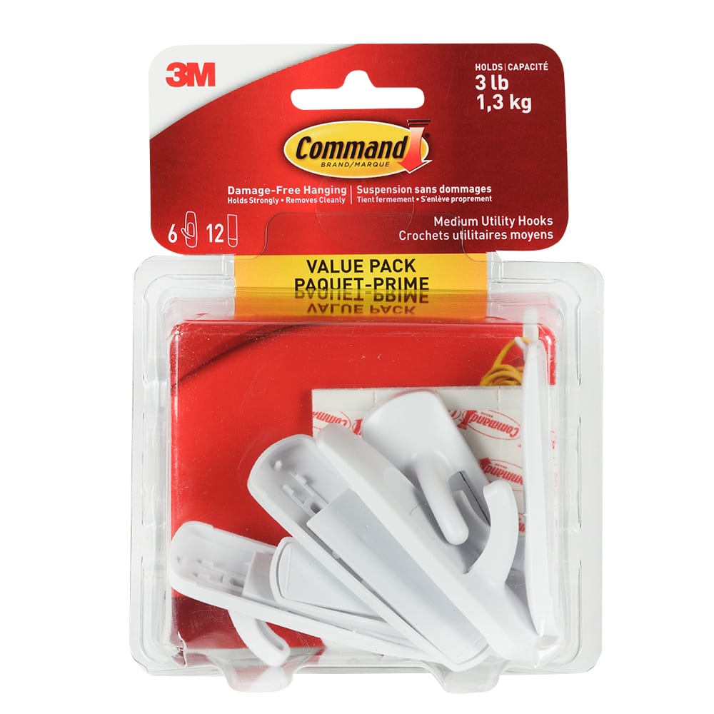 Crochets adhésifs utilitaires moyen&nbsp;Pqt/6 3M