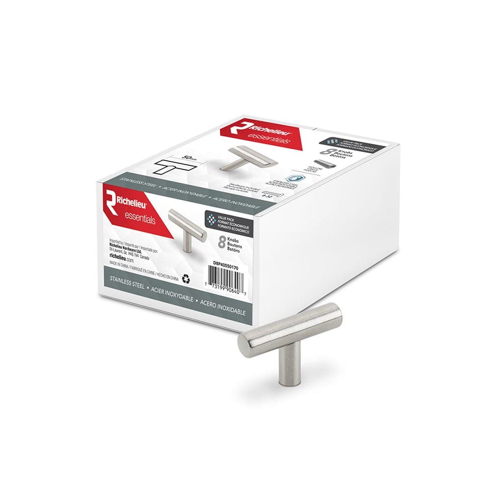 Bouton d'armoire en métal fini acier inoxydable 50 mm Pqt/8