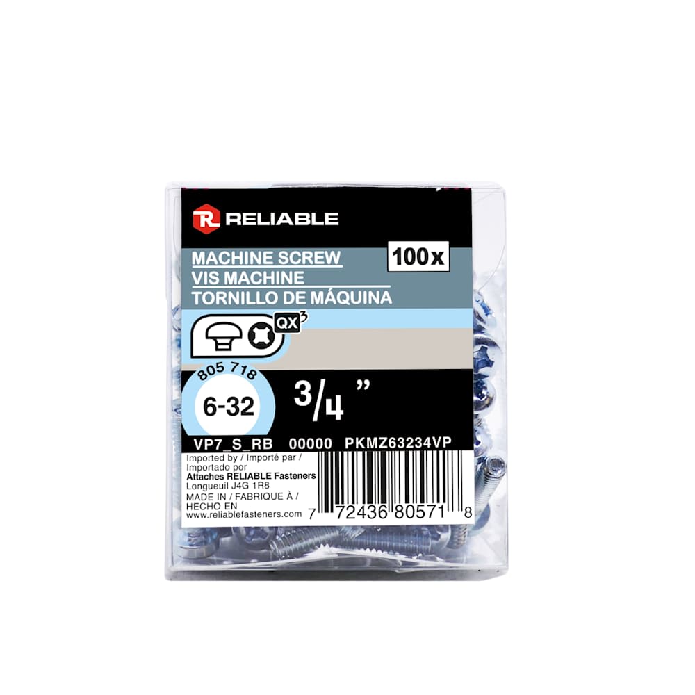 Boulons mécaniques T.R. 6-32 x 3/4&nbsp;po&nbsp;Pqt/100