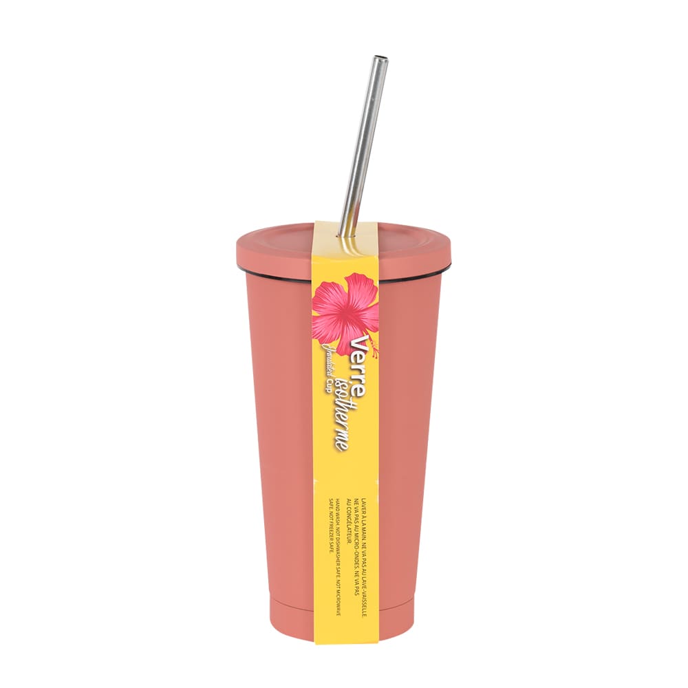 Verre isotherme avec paille rose 500 ml