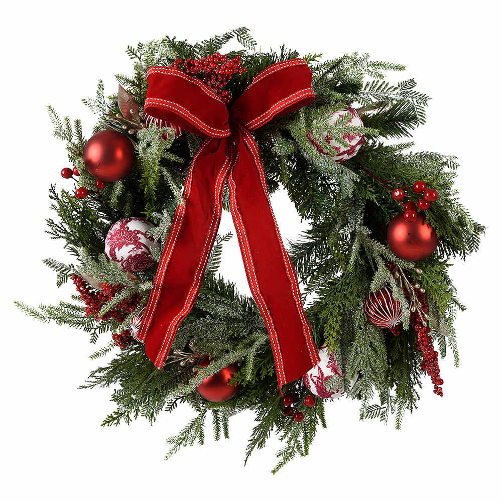 Couronne de Noël boules et baies rouges 24&nbsp;po VERTUO
