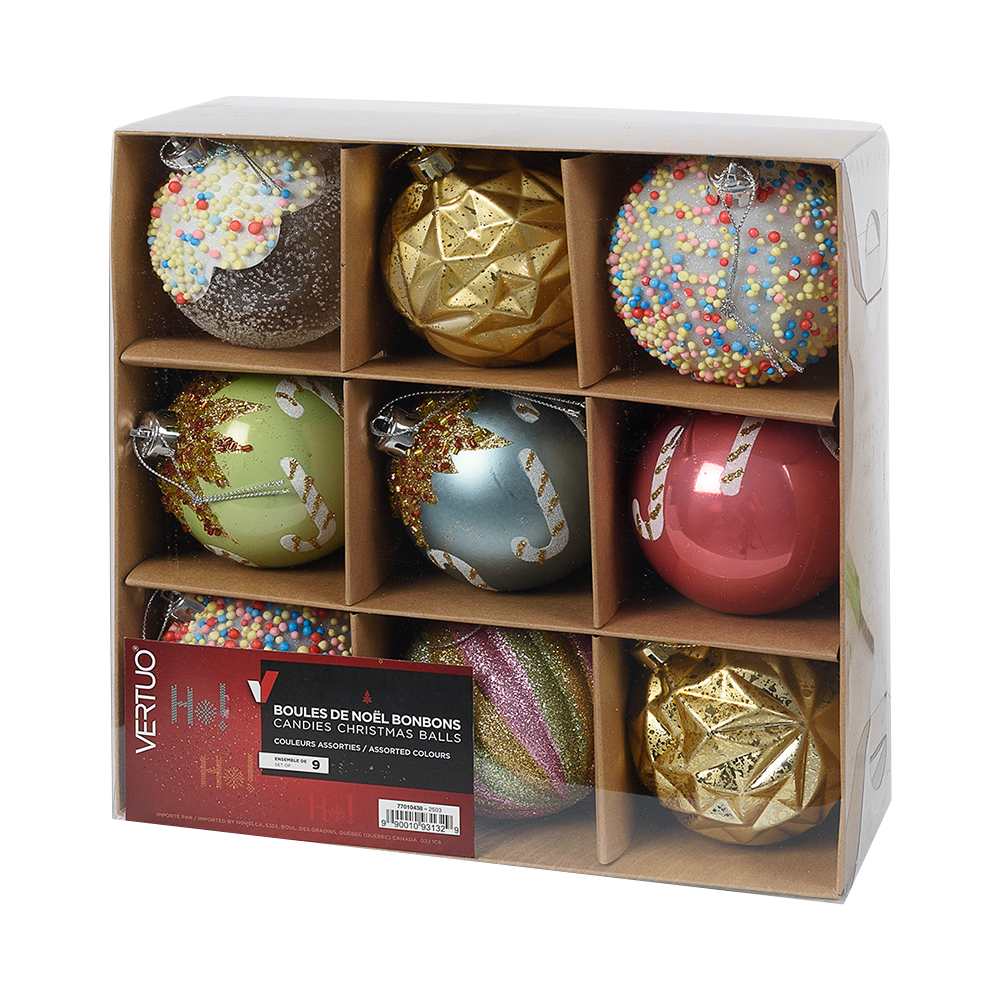 Boules de Noël bonbons 3 1/8 po Ens/9 VERTUO