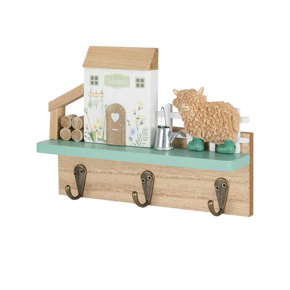 VERTUO Shed and Cow Design Wooden Wall Decoration with Hooks