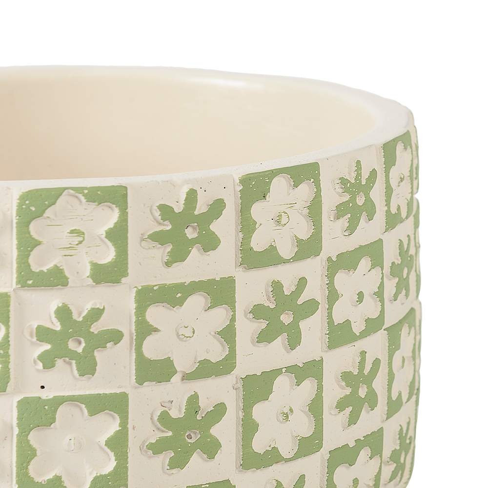 Cache-pot Carreaux à fleurs en ciment vert et blanc 7&nbsp;po ASTELLA