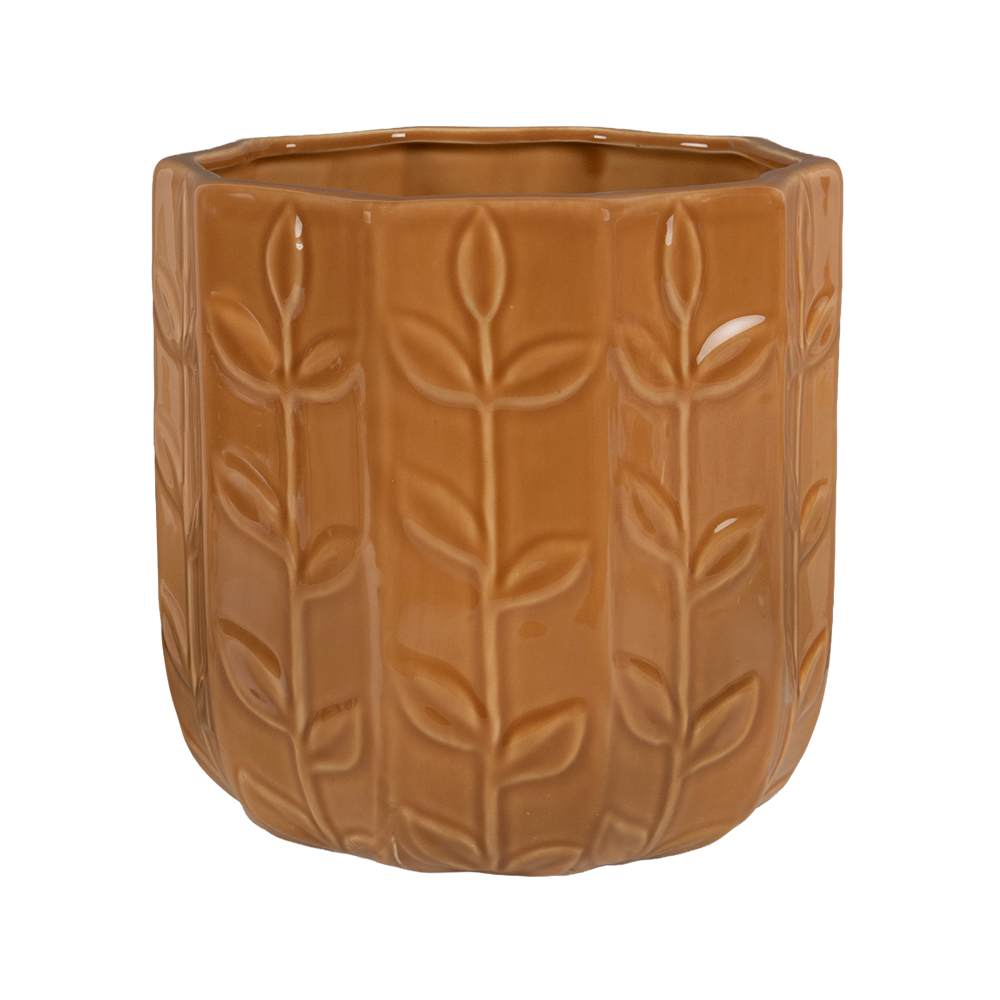 Cache-pot hexagonal Feuilles en céramique jaune 8 5/8 po ASTELLA
