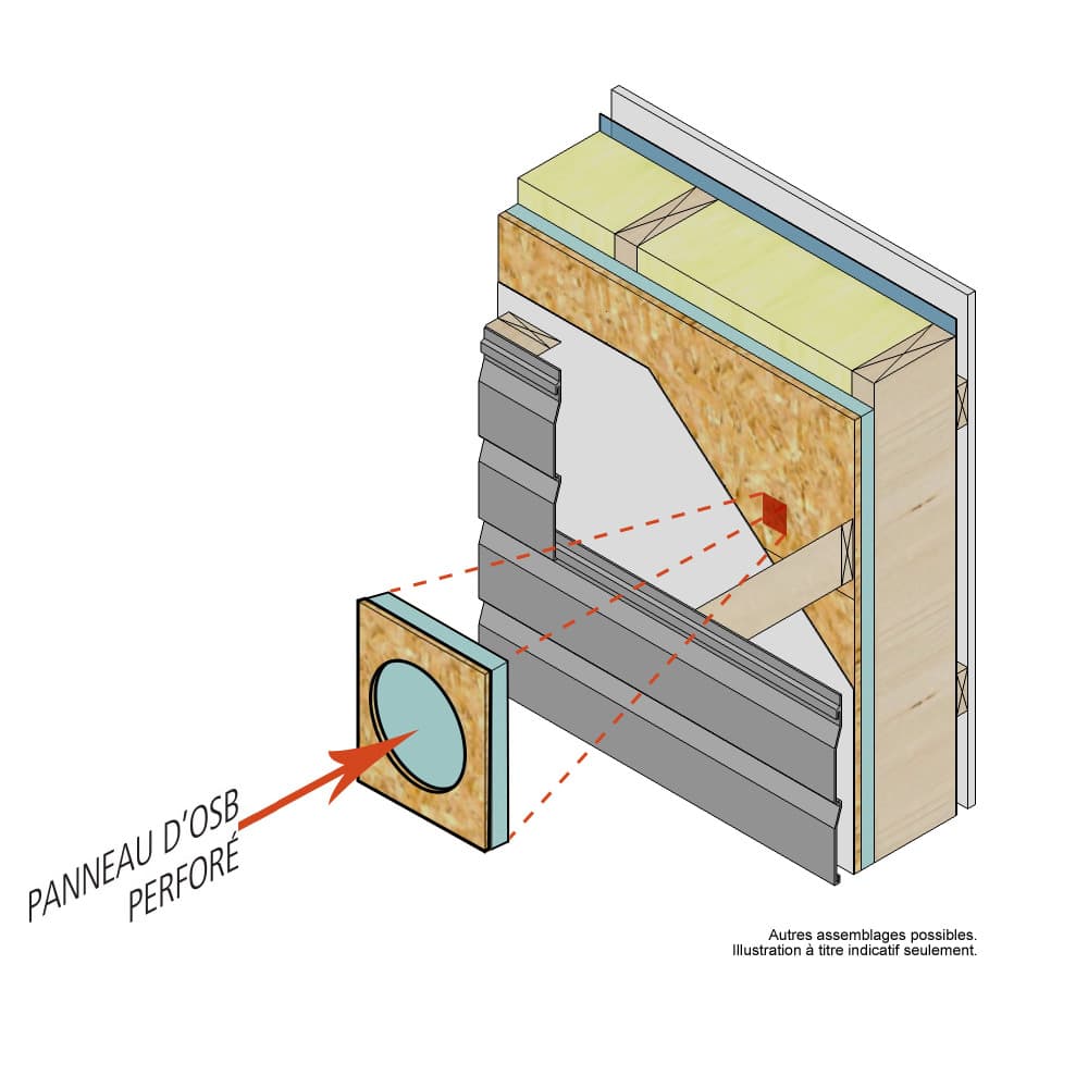 Panneau OSB perforé avec isolant R4, 1&nbsp;5/16&nbsp;po&nbsp;x&nbsp;4&nbsp;pi&nbsp;x&nbsp;9&nbsp;pi